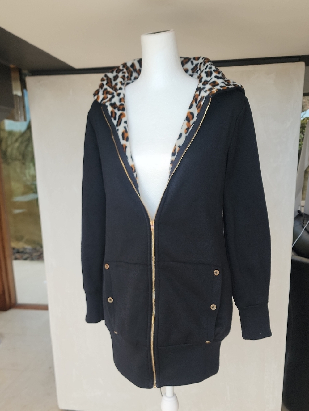Black Zip Hoodie with Leopard Faux-Fur Lining